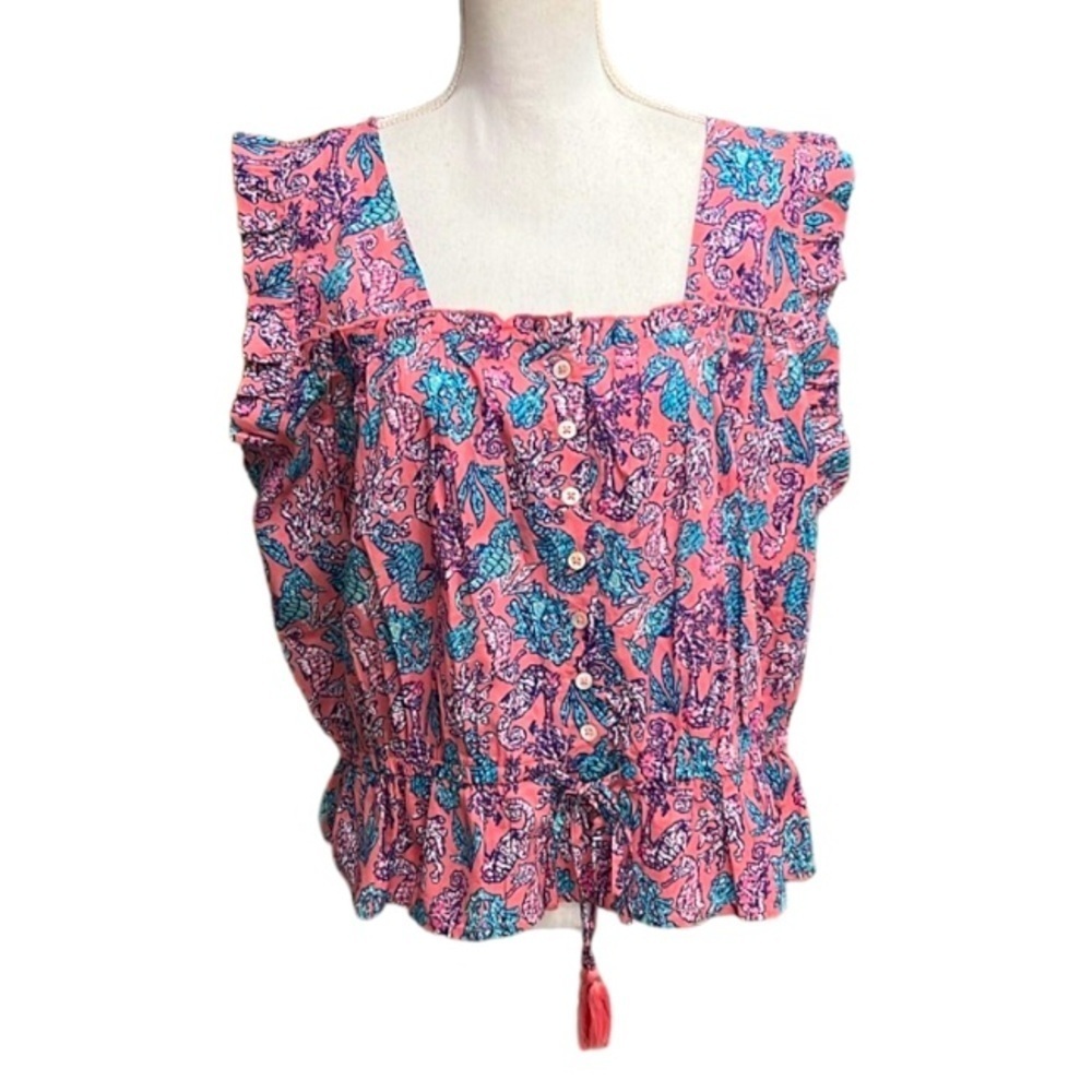 NWT Simply Southern Top Seahorses blue elastic waist sleeveless ruffle detail XL - Picture 2 of 13